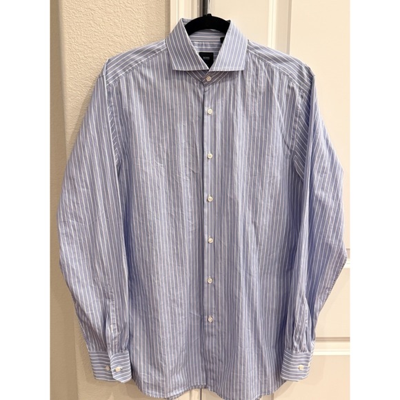 Hugo Boss Other - Hugo Boss Dress Shirt Mens 16‎ Blue White Striped Tailored Slim Fit Long Sleeve